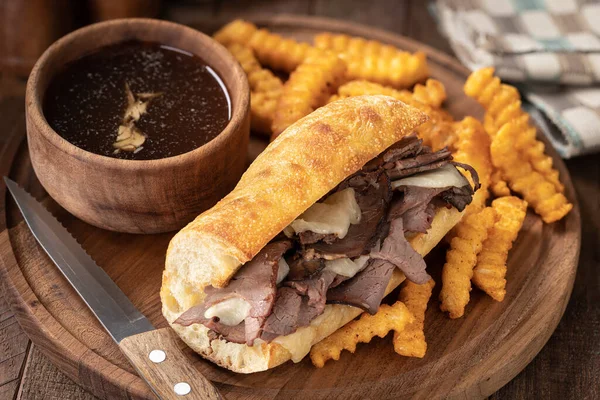 French Dip Sandwich French Fries Bowl Jus Wooden Platter — 图库照片