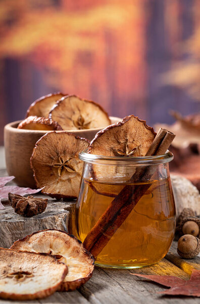 Glass of apple cider with cinnamon stick and dried apple chips with autumn background for copy space