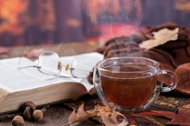 Bir fincan sıcak çay, kitap ve battaniyeyle sonbahar arkaplanlı kırsal ahşap masa üzerinde.