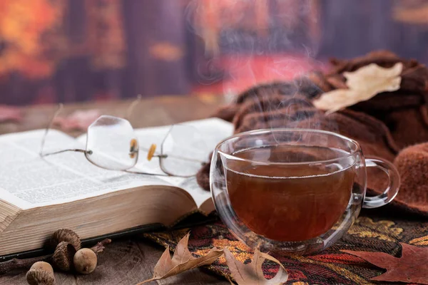 Hot cup of tea with book and blanket on rustic wooden table with autumn background