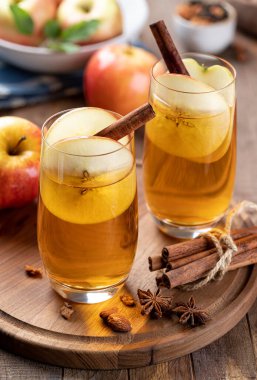 İki bardak elma şarabı dilimlenmiş elma ve tarçın çubukları ahşap bir tabakta ve arka planda taze elmalarla