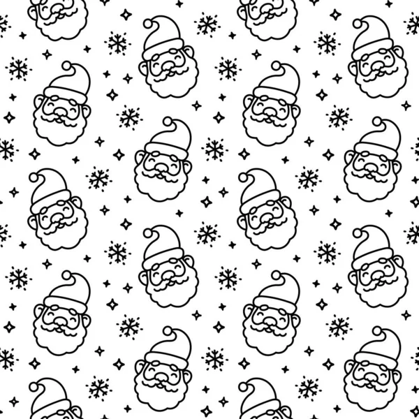 Рождественские Каракули Лицо Санты Звезды Снежинки Бесшовный Узор Плакат Санта — стоковый вектор