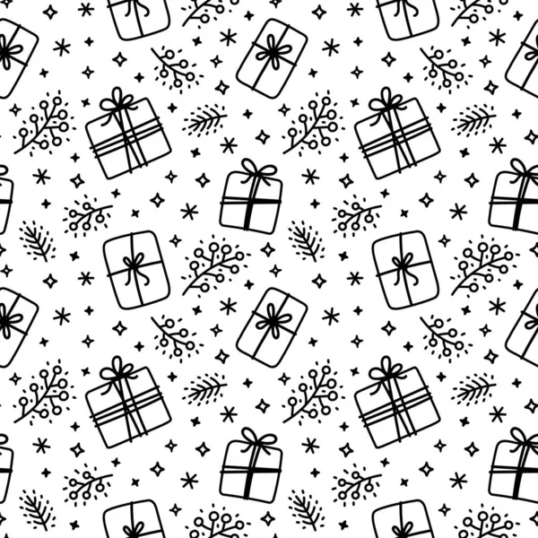 Patrón Sin Costuras Garabatos Navidad Cajas Regalo Copos Nieve Ramas — Archivo Imágenes Vectoriales