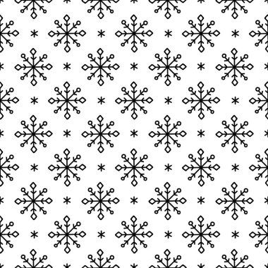 Noel karalaması folklor kar taneleri pürüzsüz desen. Basit siyah ve beyaz şenlik tarzı halk arkaplanı, doğrusal kar taneleri ve ışıltılı düzenli doku deseni.