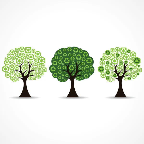 緑のリサイクルアイコンによって形成される木のセット — ストックベクタ