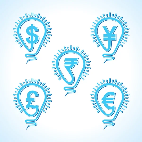 Different country currency symbol in bulb — Stock Vector