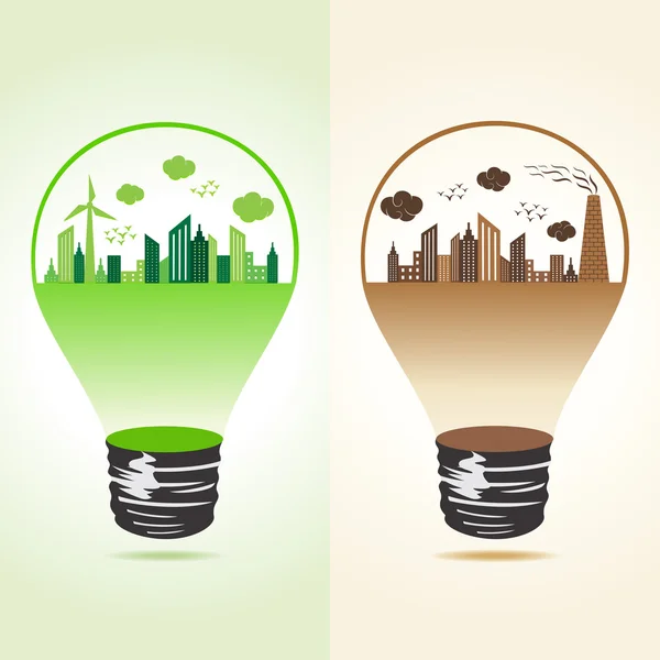 Eco en vervuilde stad concept met lamp — Stockvector