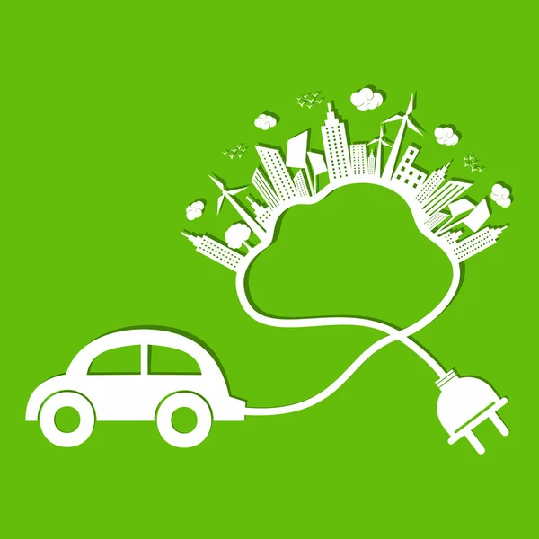 Οικολογία έννοια με οικολογικό αυτοκίνητο και σύννεφο — Διανυσματικό Αρχείο