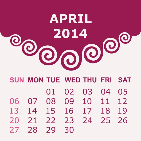 Calendario de 2014 con diseño en espiral — Vector de stock