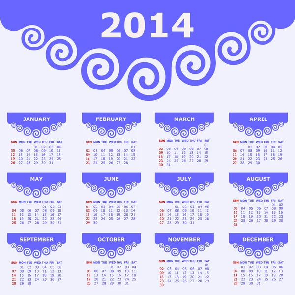 Calendario de 2014 con diseño en espiral — Vector de stock