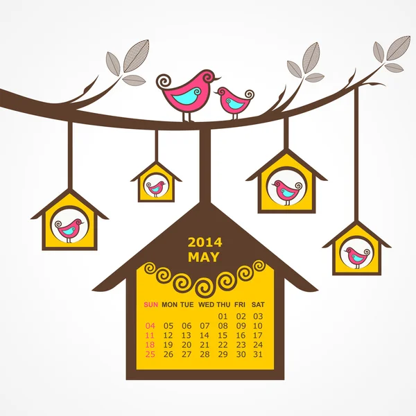 Calendario di maggio 2014 con uccelli si siedono su ramo — Vettoriale Stock