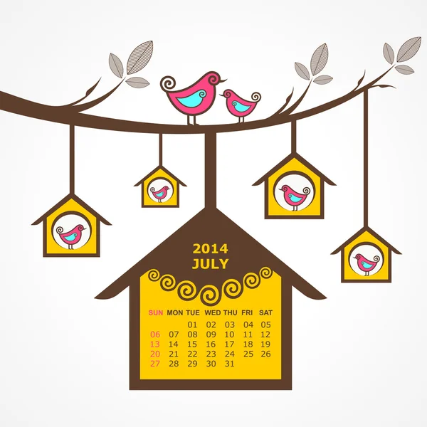 Calendario di luglio 2014 con uccelli sedersi su ramo — Vettoriale Stock