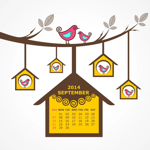 Calendario di settembre 2014 con uccelli si siedono su ramo — Vettoriale Stock