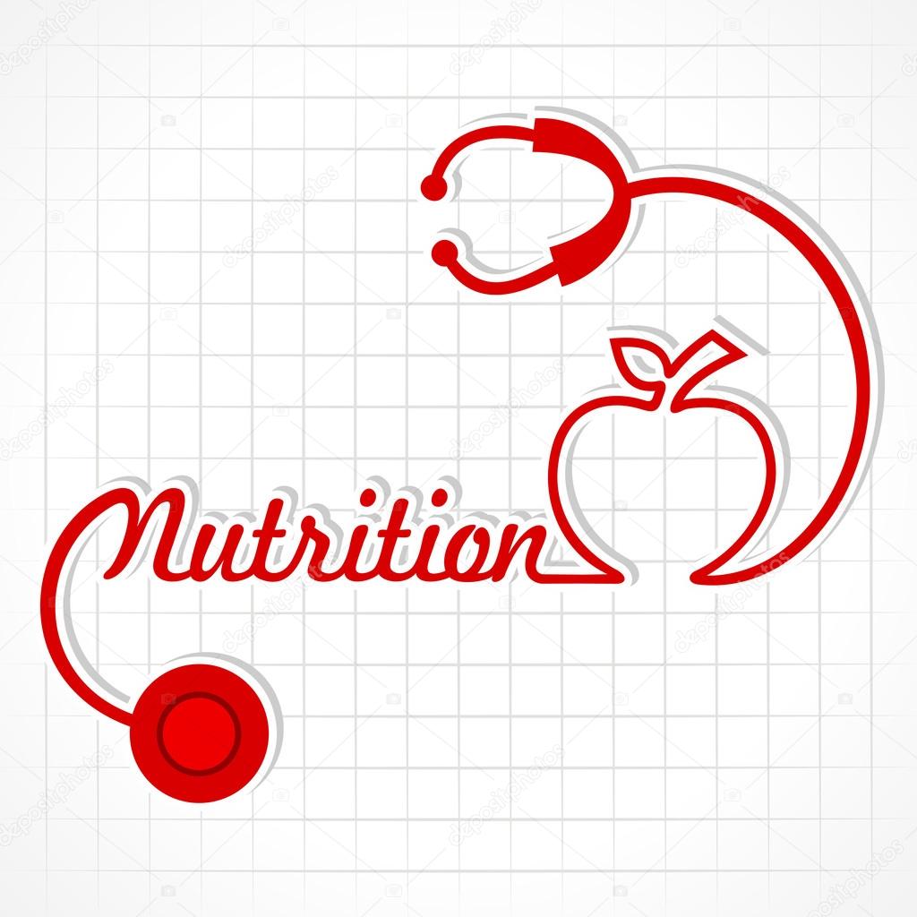 Stethoscope make nutrition word and apple
