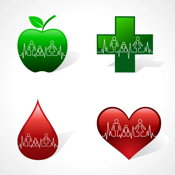 Heartbeat faire icône de famille à l'intérieur de différentes icônes médicales — Image vectorielle