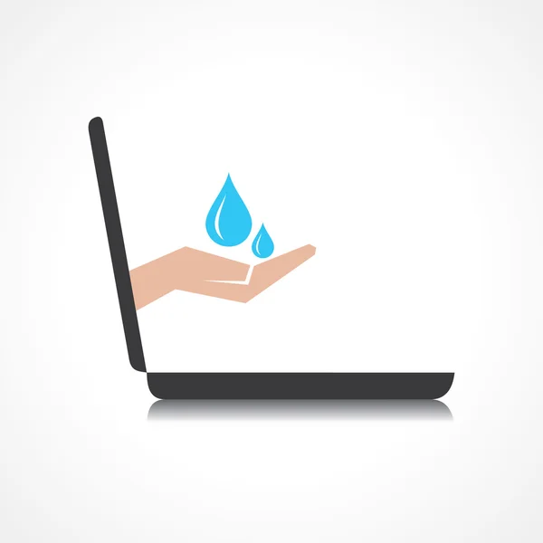 Hand holding water drops comes from laptop screen — Stock Vector