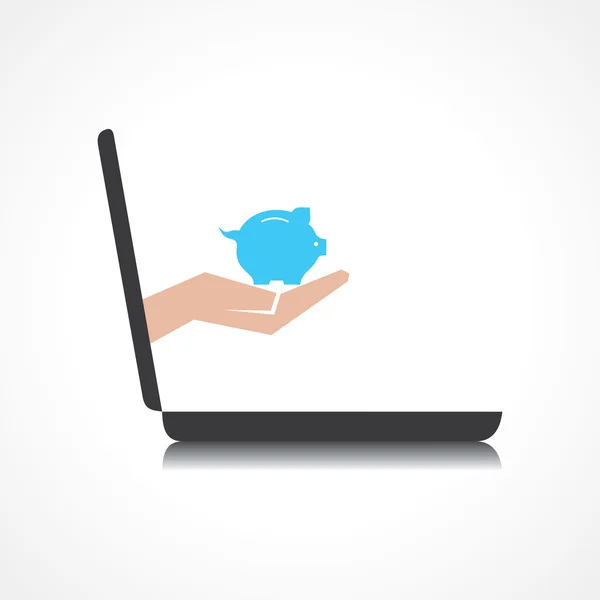 Hand holding piggy bank komt van laptop scherm — Stockvector