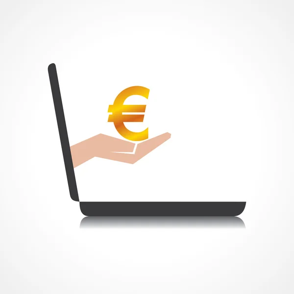 Mão segurando símbolo euro vem da tela do laptop — Vetor de Stock