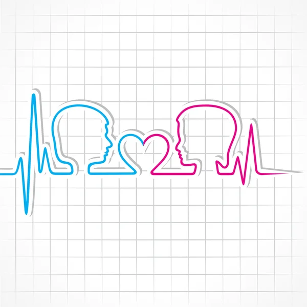 Heartbeat make mannelijk, vrouwelijk gezicht en hart — Stockvector