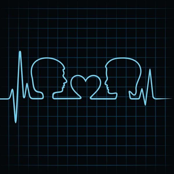 Herzschlag macht männliches, weibliches Gesicht und Herz — Stockvektor