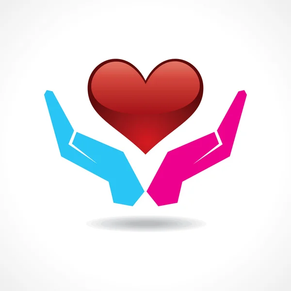 Mannelijke en vrouwelijke hand samen een hart beschermen — Stockvector
