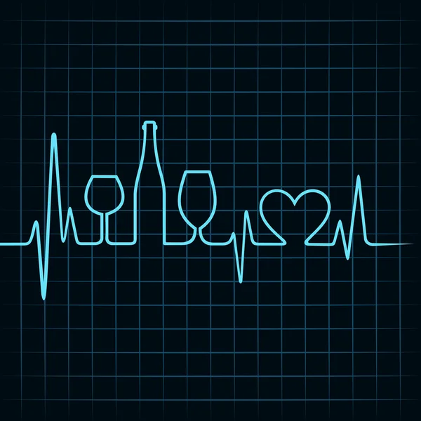 Heartbeat fanno bicchieri di vino, bottiglia e simbolo del cuore — Vettoriale Stock