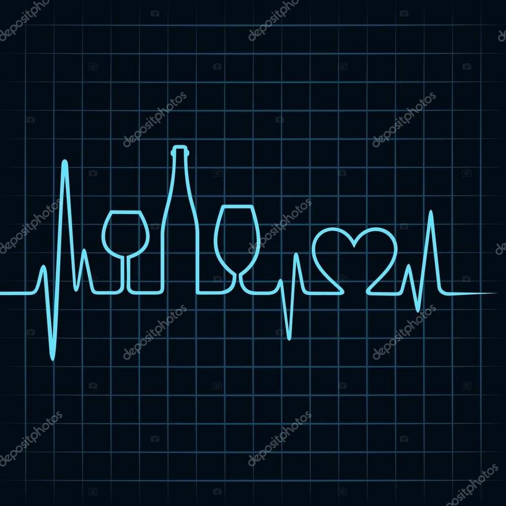 Heartbeat make wine glasses,bottle and heart symbol — Stock Vector