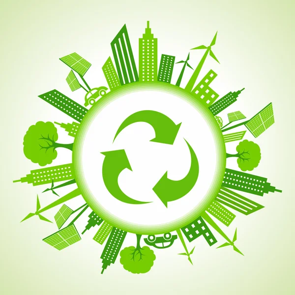 Eco paisagem urbana em torno de um ícone de reciclagem — Vetor de Stock
