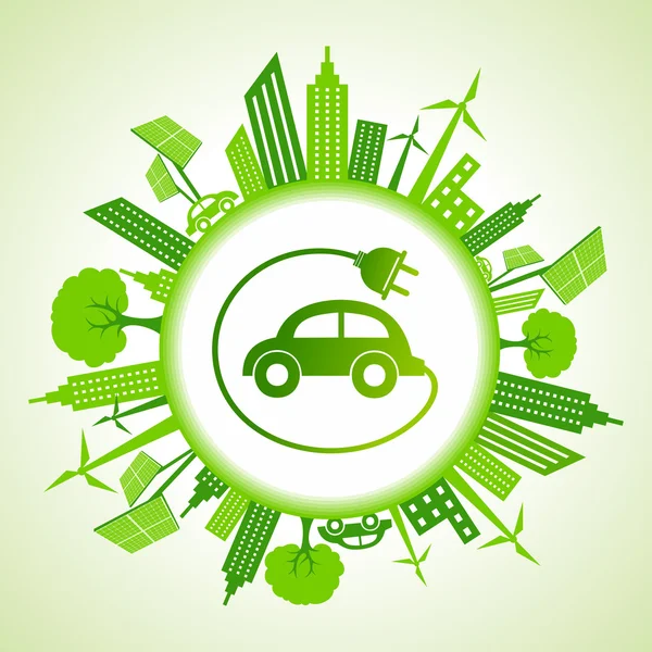 Eco paisaje urbano con coche — Vector de stock