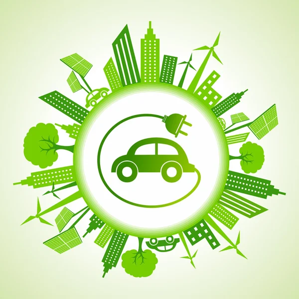 Eco paisagem urbana com carro — Vetor de Stock