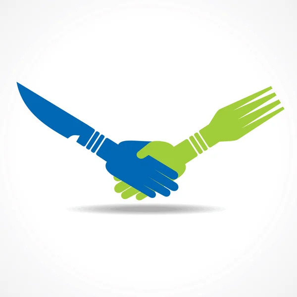 Apretón de manos a través de tenedor y cuchillo — Vector de stock