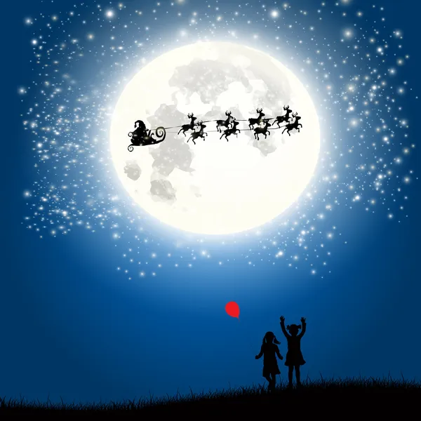 Los niños de Navidad de Santa y sus renos en luna llena — Vector de stock