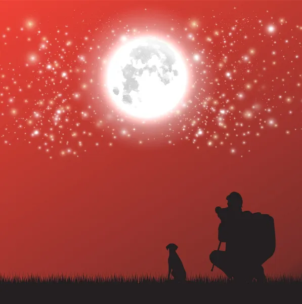 Mężczyzn i pies na ilustracji wektorowych piękny księżyc — Darmowe zdjęcie stockowe