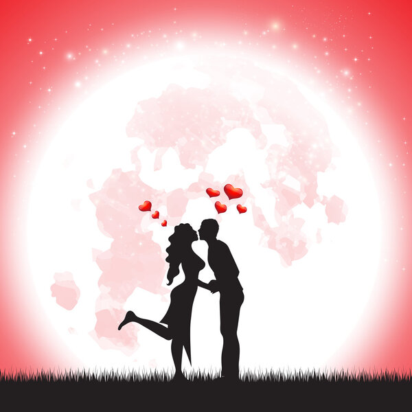 Love Silhouette illustration of two lover in romantic over the moonLove Silhouette illustration of two lover in romantic over the moon