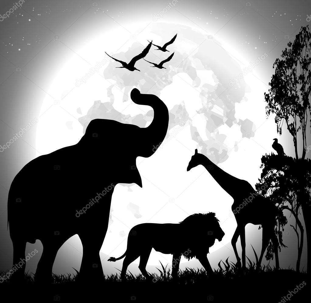 Animal safari vector over the full moon