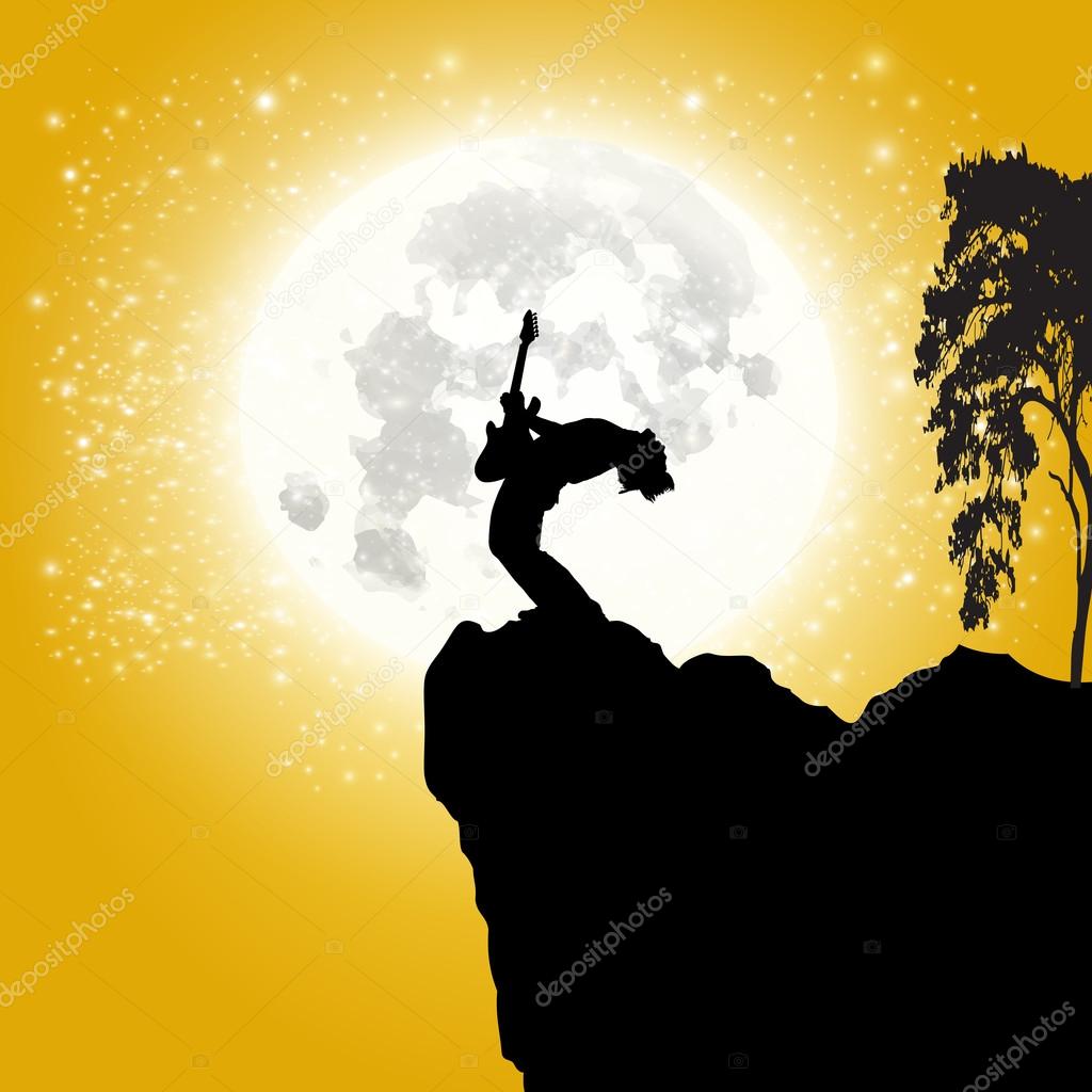 Rock star with guitar over the moon vector