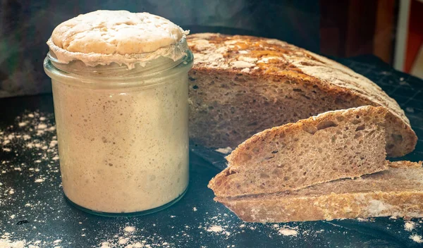 Homemade Sourdough Starter Glass Dark Background Graham Bread — Stockfoto