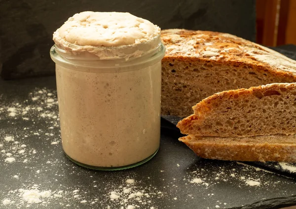 Homemade sourdough starter in glass on dark background and graham bread