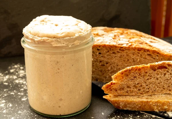 Homemade sourdough starter in glass on dark background and graham bread