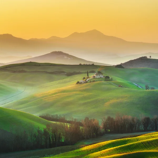 Słoneczne krajobrazy i piękne rano na polach in Toskania — Zdjęcie stockowe