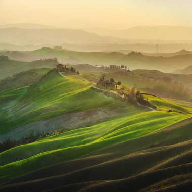 Tuscan yeşil bahar gün batımında, İtalya