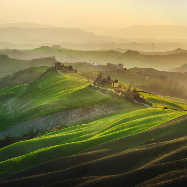 Toskánské zelené jaro při západu slunce, Itálie — Stock fotografie