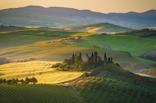 Casa toscana sulle colline nebbiose — Foto Stock