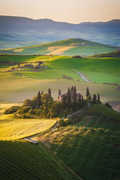 Casa toscana sulle colline nebbiose — Foto Stock