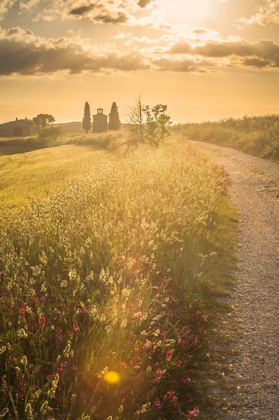 Toscaanse landschap met een kapel bij zonsondergang — Stockfoto