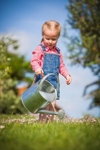 Kleiner Helfer auf dem grünen Rasen an einem Sommertag — Stockfoto
