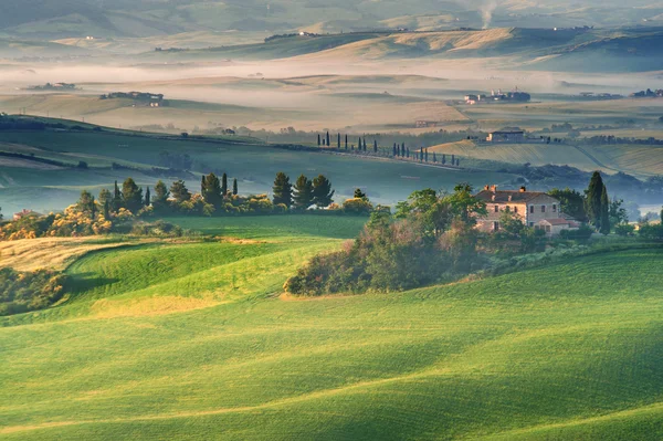 Le brouillard mystérieux entourant la maison et les champs toscans, Italie — Photo