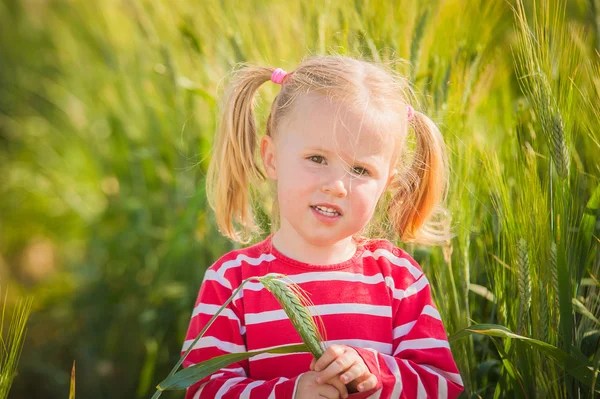 Bambina gioca con tra i grani verdi — Foto Stock