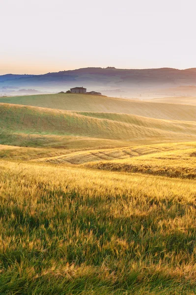 Toscaanse mist in de velden zon, Italië — Stockfoto