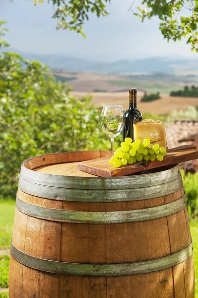 Druvor med ost och vin i ett vackert landskap, Italien — Stockfoto